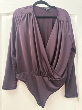Express Deep Plum Wrap-Front Long Sleeve Bodysuit